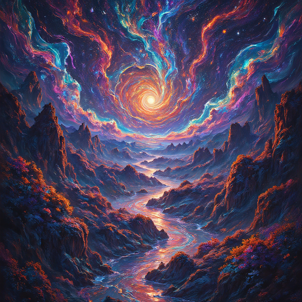A colorful image of a swirling sky, w river flowing to the horizon.