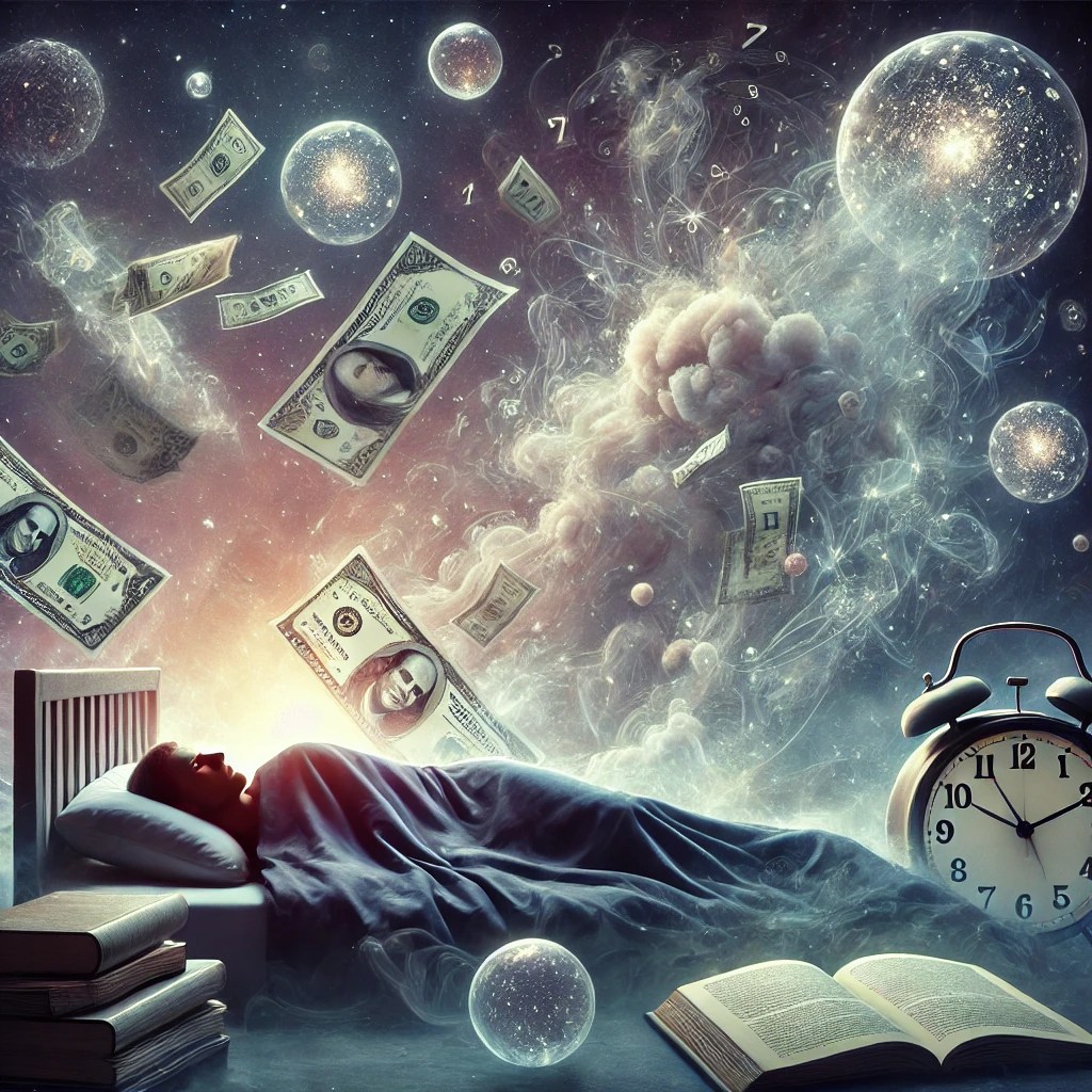 A surreal digital painting of a person lying in bed, appearing translucent as if caught between reality and dreams. Around them, floating dreamlike elements include lottery tickets, stacks of money dissolving into mist, books filled with imaginative worlds, and an ethereal clock melting away. The background is a deep, hazy twilight with soft glowing orbs symbolizing fleeting thoughts. The atmosphere is melancholic yet introspective, capturing the feeling of being lost in one's own existence, trapped between dreaming and living.
